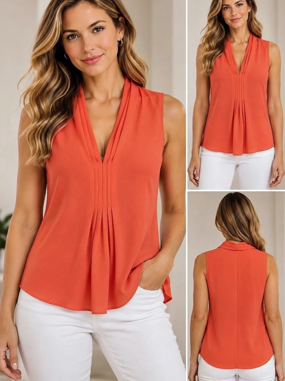 Time and Tru Orange Pleated V-Neck Sleeveless Tank Blouse